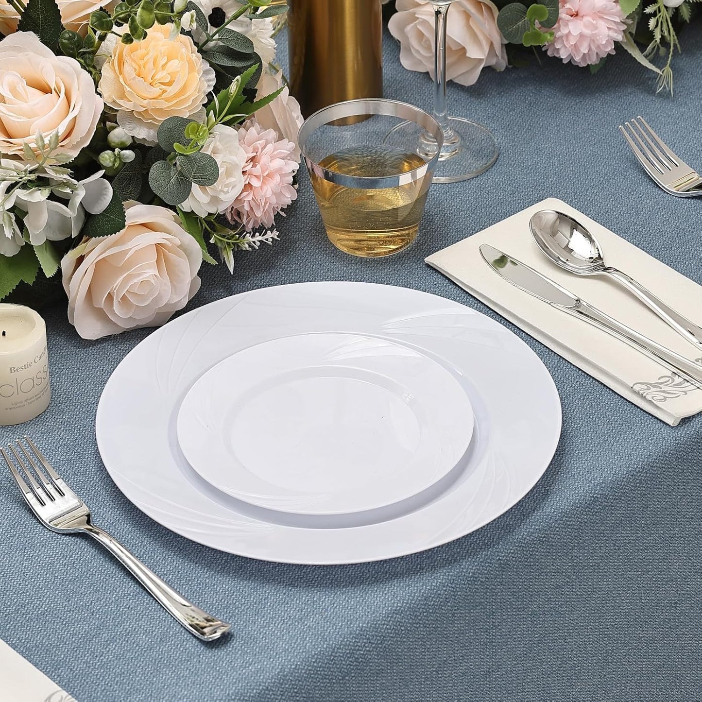 700-Piece White Swirls Plastic Dinnerware Set for 100 Guests, Elegant Disposable Dinnerware for Party, Wedding. Includes 10.25" Dinner Plates, 6.5" Dessert Plates, Silverware, Napkins, Cups