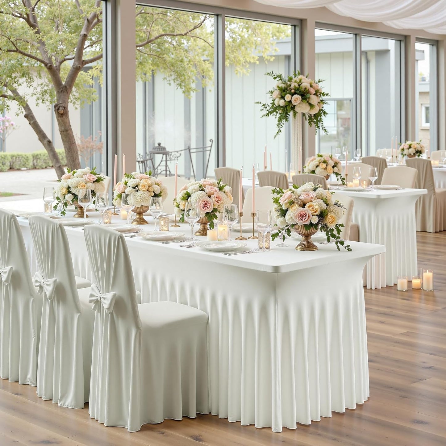 6 pk Ivory Spandex Tablecloth for 8 Foot Rectangle Tables,Wrinkle Free High Stretchy Cream Fitted Tablecloths with Ruffle Skirt, Elastic Spandex Table Covers 8 ft for Parties Weddings Banquet