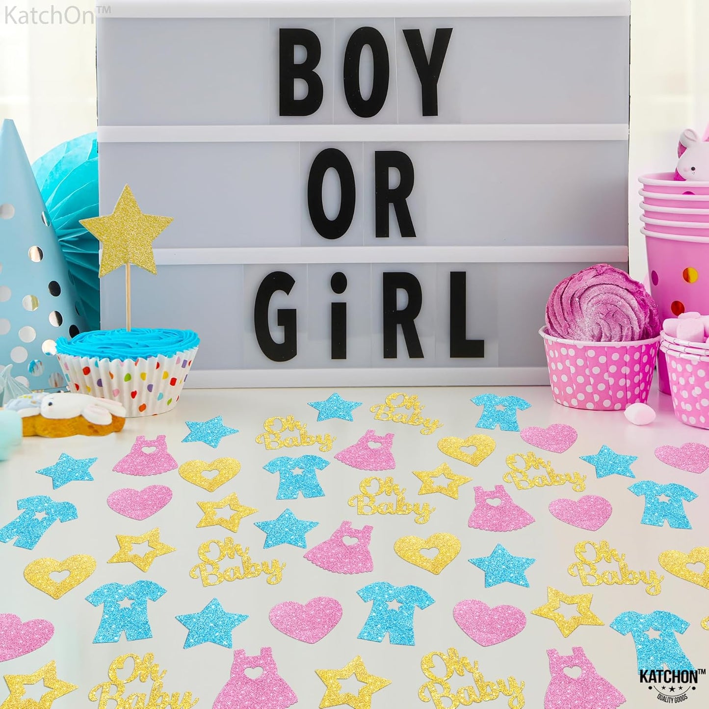 KatchOn, Pink, Blue and Gold Gender Reveal Confetti - Pack of 240 | Boy Or Girl Table Confetti | Gender Reveal Decorations | Oh Baby Decorations for Boy Or Girl