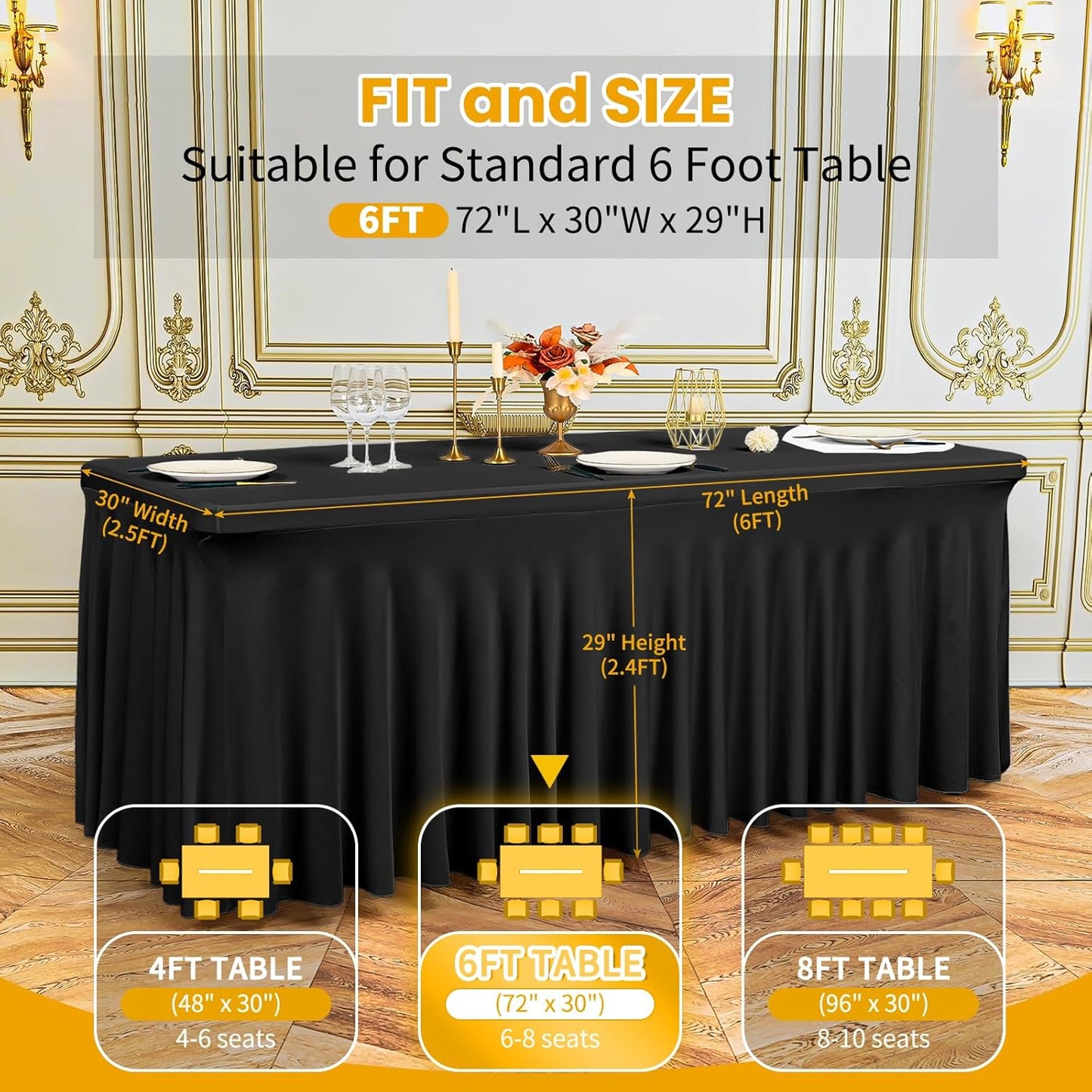 6 Pack 6Ft Spandex Table Skirts Fitted Black Stretch Tablecloth, One-Piece Wrinkle-Resistant Ruffles Design Table Cover and Skirt for Wedding Party Banquet Event Trade Show