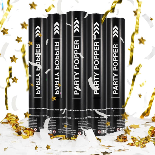White Confetti Cannon,12Inch White Confetti Mix Gold confetti,5 Pack Confetti Poppers Air Powered For Wedding,Birthday,Celebrations and New Years Eve
