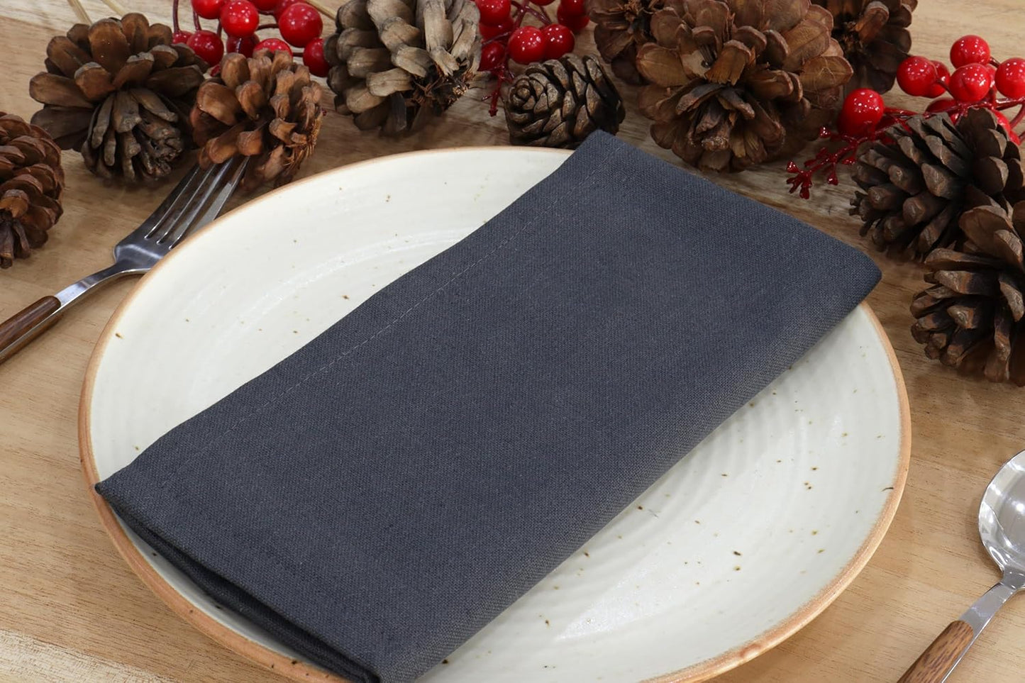 PurpleEssences Set of 12 Cloth Dinner Napkins 100% Cotton 18x18 Inch - Soft Durable Washable - Ideal for Farmhouse Party Fall Thanksgiving - Perfect Everyday Use Table Linen - Dark Gray