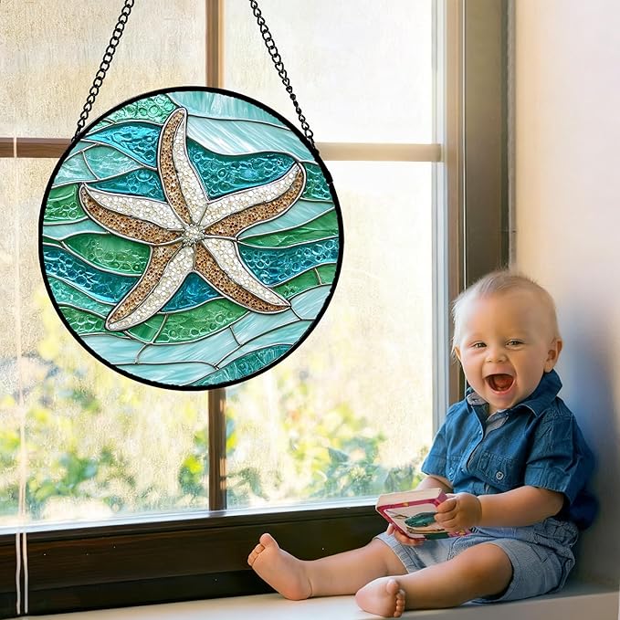 Stained Glass Window Hanging Teal Sea Waves Starfish 7.8" - Suncatcher Door Garden Sun Catcher Home Decor Birthday Mother's Day for Mom Men Woman Parents Her Child Nana