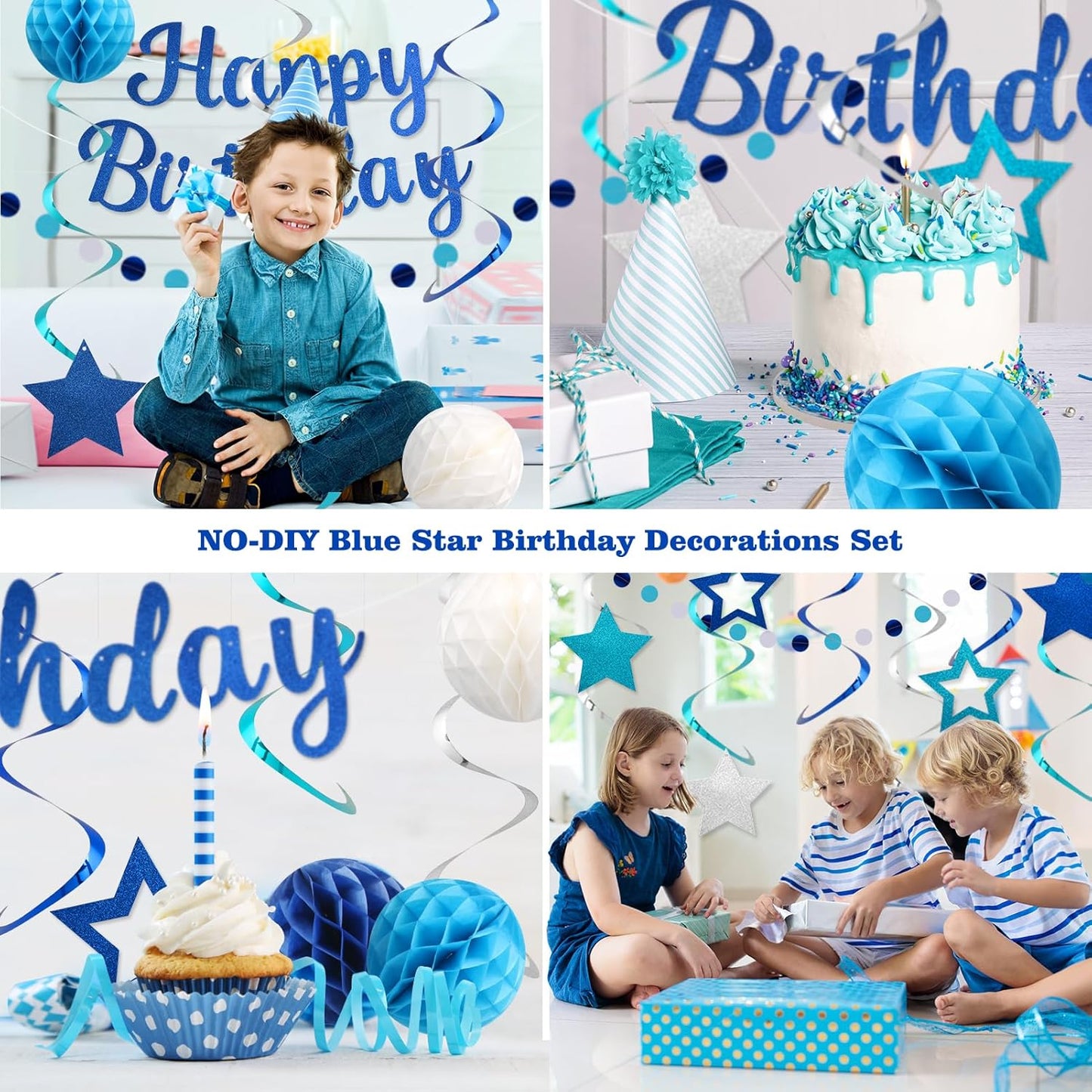 Birthday Decorations, NO DIY, Pre-Strung Happy Birthday Banner with Honeycomb Balls, Hanging Swirls, Circle Dots Garland, Party Decorations for Women Men Boys Girls (Blue)