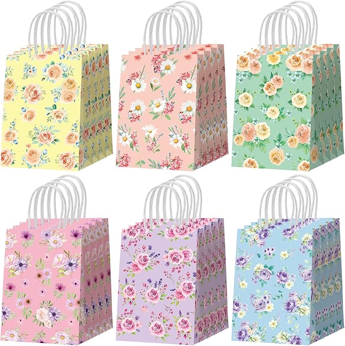 Resholder 30 Pcs Floral Paper Gift Bags with Handles Welcome Tea Party Favor Bags Spring Flower Goodie Gift Candy Treat Pouches for Wedding Bridal Shower Baby Shower Birthday Mother's Day Party
