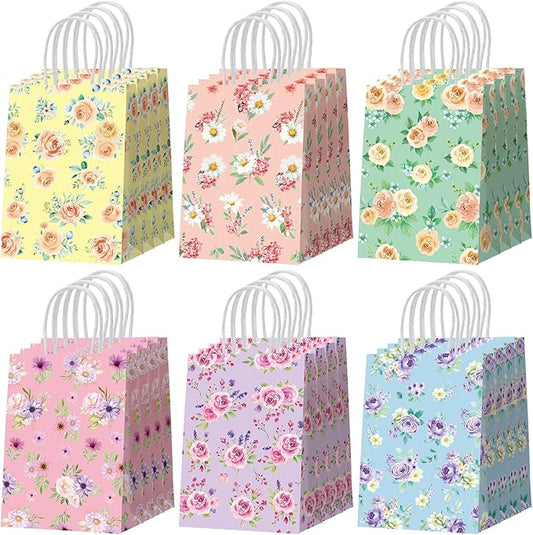 Resholder 30 Pcs Floral Paper Gift Bags with Handles Welcome Tea Party Favor Bags Spring Flower Goodie Gift Candy Treat Pouches for Wedding Bridal Shower Baby Shower Birthday Mother's Day Party
