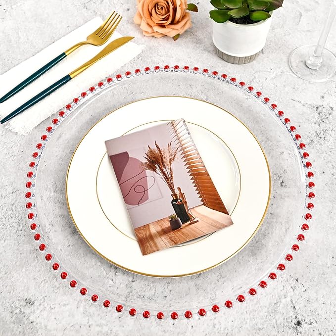 24 PCS Clear Round Charger Plates with Beaded Rim, 13 Inch Plastic Acrylic Plate, Plastic Round Beaded Dinner Decorative Service Plates for Wedding Party Event, Home Kitchen Tabletop(Red)