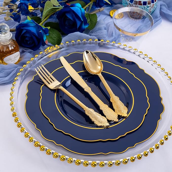 Liacere 175PCS Navy Blue Plastic Plates-Disposable Blue Gold - 25guest Baroque Plastic Dinnerware include 50Plates,25Pack Pre Rolled Napkins with Silverware 25Cups for Wedding&Party&Father's Day