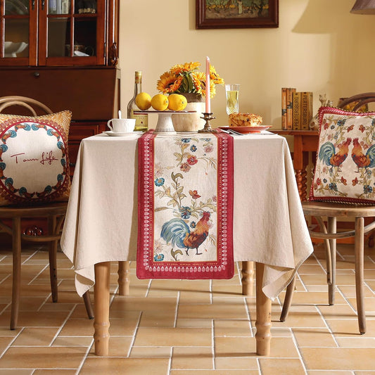 patdrea Designer Farmhouse Linen Extra Long Table Runner,Rustic Cottage Mauve with Rooster and Floral Pattern Fabric Table Mat,Decoration for Kitchen Dining Christmas New Year Banquet, 12"*118"