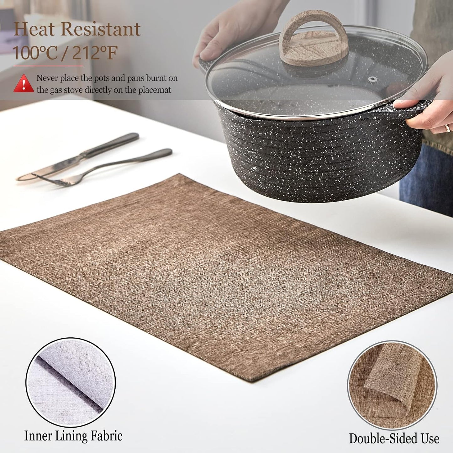 Mebakuk Cloth Placemats, Machine Washable Linen Style Thick Place Mats, Heat Resistant and Easy to Clean Fabric Table Mats for Kitchen Dining Table (Flaxen, Set of 4)