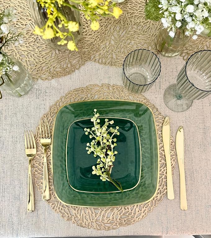" OCCASIONS " 100 Plates Pack,(50 Guests) Premium Wedding Party Disposable Plastic Plates Set -50 x 10'' Dinner + 50 x 7'' Salad/Dessert (Belize Square in Green & Gold)
