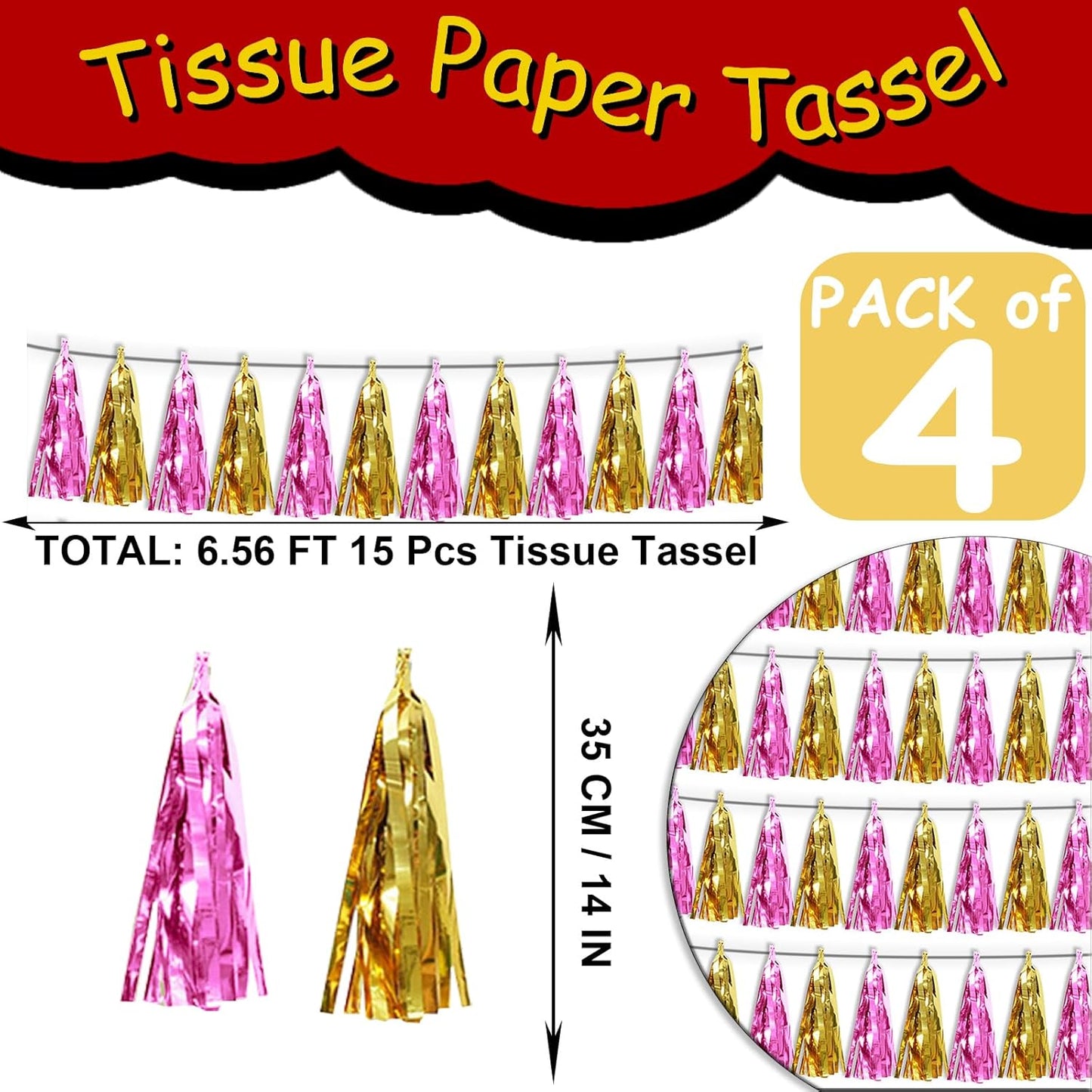 4P Gold Pink Tassel Banner Garland Metallic Foil Fringe Banner Tinsel Tassels Streamer Banner Backdrop for Parade Floats, Graduation, Wedding, Bachelorette, Birthday, Retirement Party Decorations