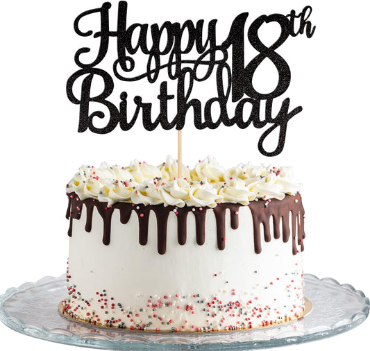 1 PCS Happy 18th Birthday Cake Topper Glitter Cheers to 18 Years Birthday Cake Pick 18 Fabulous Cake Decoration for Happy 18th Birthday Theme Party Decorations Supplies Black