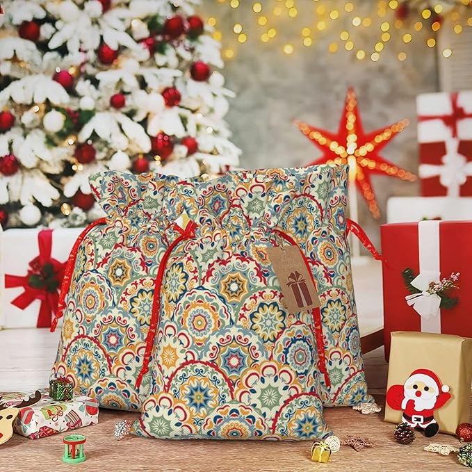 Jhggffd Boho Abstract Floral Christmas Gift Bags Christmas Treat Bags Cloth Christmas Gift Bag Drawstring Christmas Bags for Gifts Favor Bags Reusable Xmas Gift Bags for Holiday Party