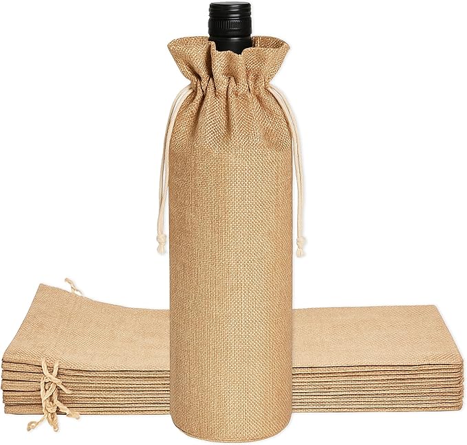 Mandala Crafts 14X6 Inch Plain Burlap Drawstring Gift Bags for Favors - 12 Long Linen Sacks Gift Pouches for Wine Bags