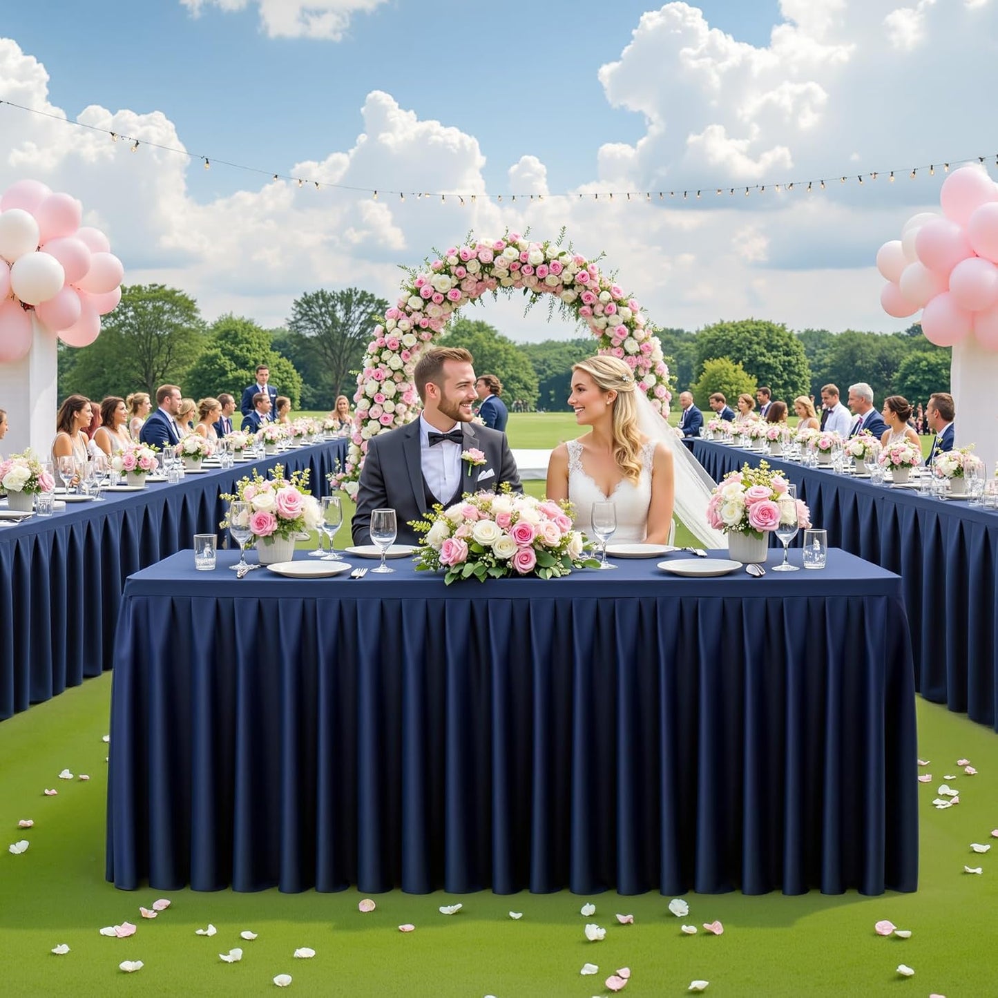 HB HBB MAGIC 4 Pack Navy Blue Tablecloths for 6 Foot Rectangle Tables, Elegant Pleated Table Skirt – Wrinkle Free Stretch Fitted Table Cover for Weddings, Banquets, Birthday Parties & Events
