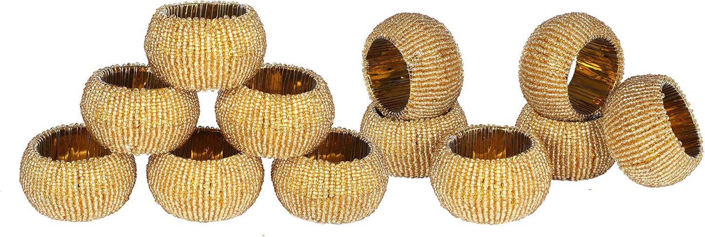 Gold Napkin Ring, Napkin Rings Set of 12, Beaded Napkin Holders, Round Napkin Rings Bulk for Christmas Party Decoration, Dinning Table, Everyday, Family Gatherings - Set Your Table with Style - Gold