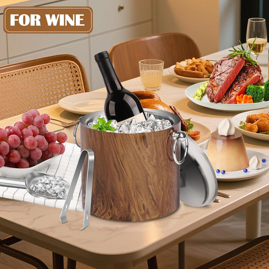 Ice Bucket with Lid & Tong- Well Made Insulated Stainless Steel Keep Ice Frozen Longer - Ideal for Cocktail Bar, Parties, Chilling Wine, Champagne - 3 Liter (Teakwood)