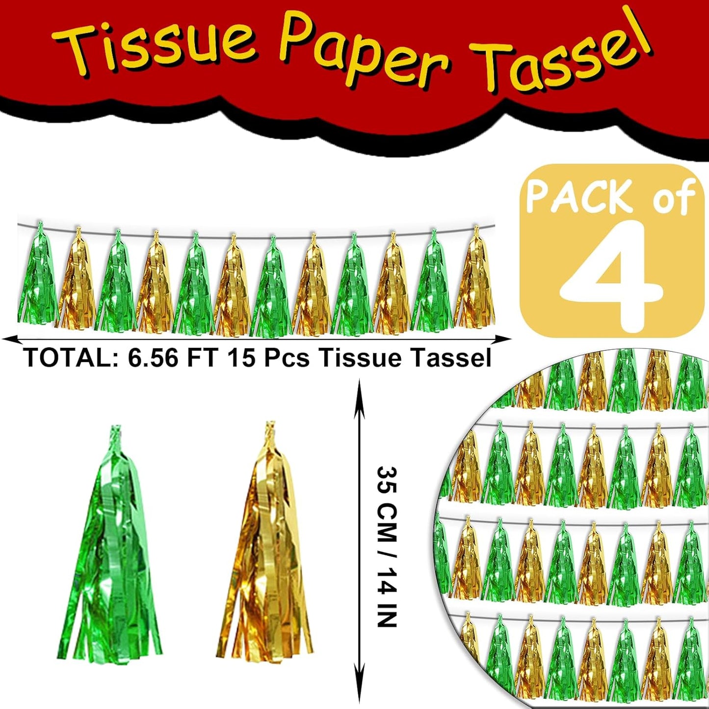 4P Sage-Green Gold Tassel Banner Garland Metallic Foil Fringe Banner Tinsel Tassels Streamer Banner Backdrop for Parade Floats, Graduation Decorations, Woodland Party Decoration