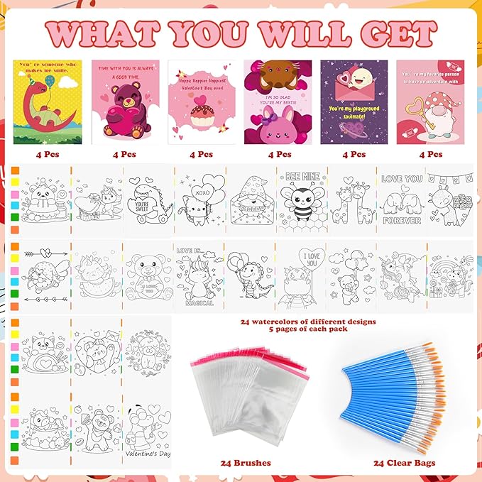 Valentines Day Gifts for Kids 24 Pack Watercolor Coloring Books with Valentines Day Cards Valentine Crafts for Boys Girls Toddlers Valentine Classroom Prizes School Gift Exchange Party Favors Supplies