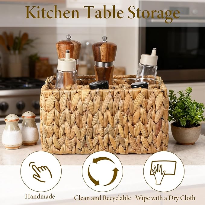 Hand-Woven Wicker Silverware Organizer, Water Hyacinth Plastic Cutlery Utensil Holder with Handle, Woven Picnic Caddy, Picnic flatware Organizer and Kitchen Countertop with Handle