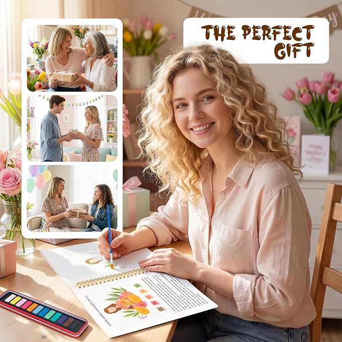 Kivzex Mother's Day Watercolor Workbook for Adults, Beginner Friendly Watercolor Painting Kit Water Coloring Book, Nature-Themed Practice Art Gift Water Color Paint Book with Palette and Brush