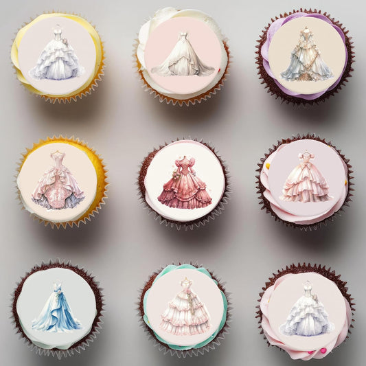 36PCS Edible Wedding Dress Cupcake Toppers Wafer Paper Bride Full Dress Cupcake Decoration Vintage Formal Gown Cupcake Picks for Bridal Shower Wedding Party Decor Supplies