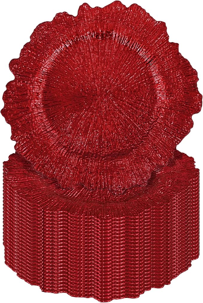 Pesonlook 24Pcs Red Charger Plates Round 13inch, Reef Plate Chargers for Dinner, Bulk Plastic Floral Table Charger Plates for Dinner Wedding Party Event Table Setting Decoration(Red)