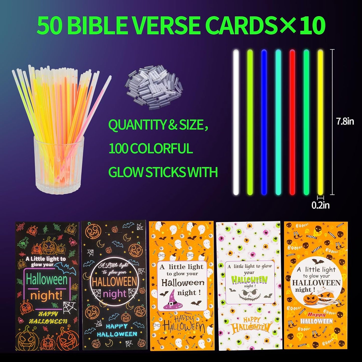 LiYiQ 50 Packs Halloween Gifts Cards with 100 Glow Sticks Let Your Light Shine Cards with Glow Sticks Pumpkin Cards for VBS Sunday School Supplies (Halloween)