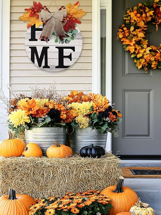 Eucalyptus Leaves Welcome Sign for Front Door, Home Garland Vintage Wood Grain Round Wooden Hanging Sign Housewarming Gift for Fall Home Outdoor Indoor, Front Porch Decor Wreath 12inch