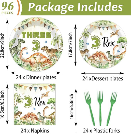 96PCS Dinosaur 3rd Birthday Party Paper Plates and Napkins and Forks Set Watercolor Dino Rex Tableware Set Three Rex Theme Dinnerware Paper Plates for Kids Birthday Gatherings Decorations