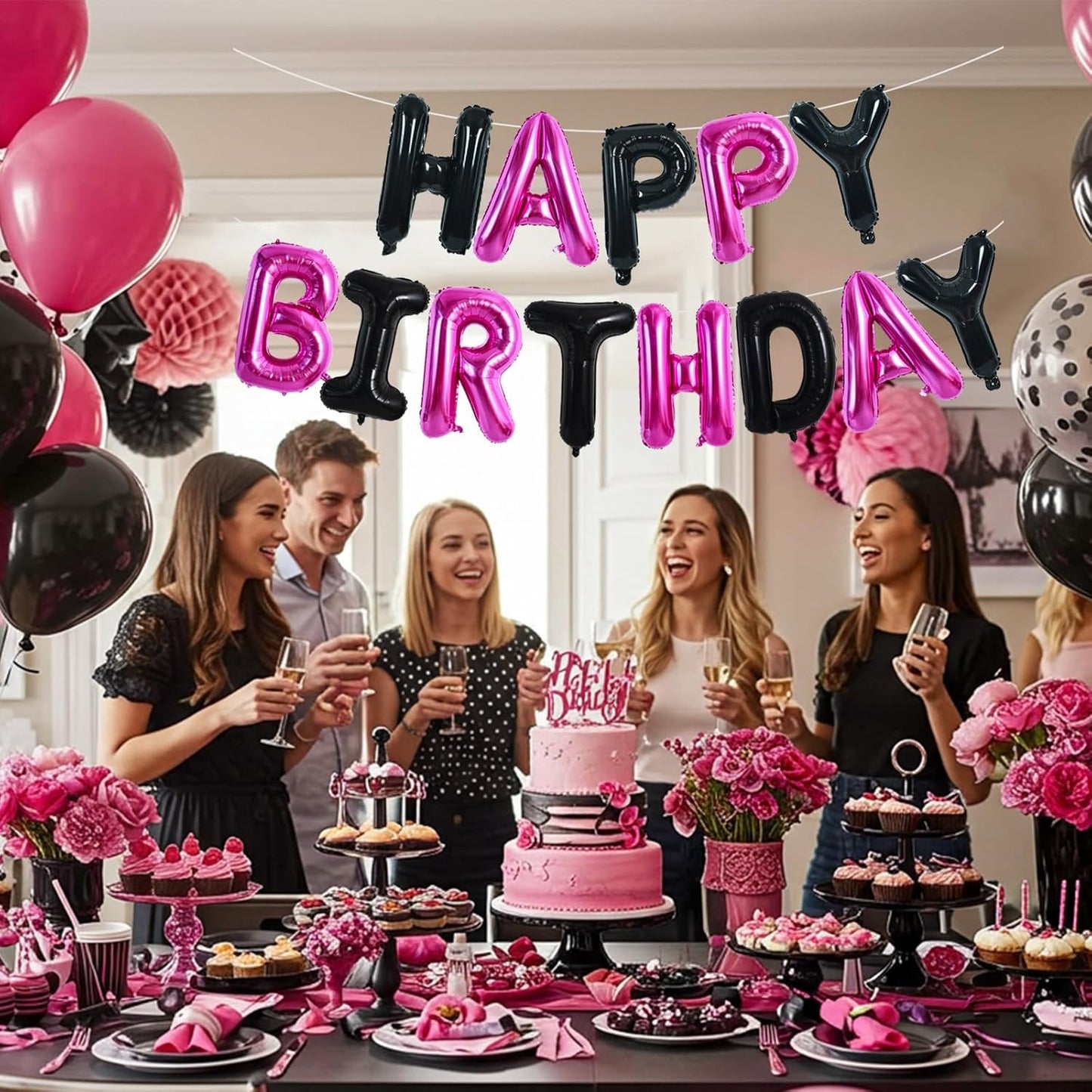TONIFUL Happy Birthday Balloons Banner 16 Inch Mylar Foil Letters Birthday Sign Reusable for Girls Boys Kids & Adults Birthday Party Decorations Supplies（Black Pink）