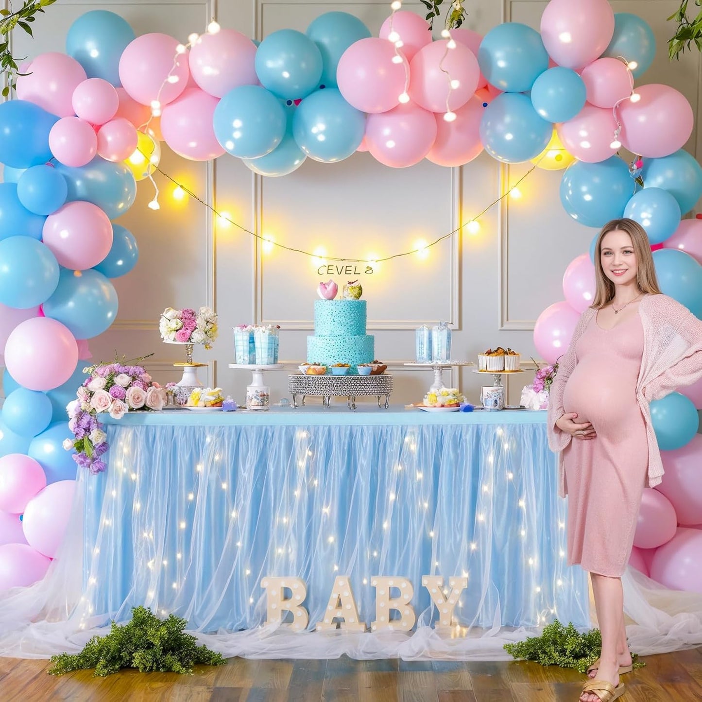 17FT Baby Blue Tulle Table Skirt for Rectangle or Round Tables Baby Blue Tutu Table Skirt with LED Lights for Princess Birthday Party Baby Shower Gender Reveal Wedding Banquet Cake Dessert Decorations