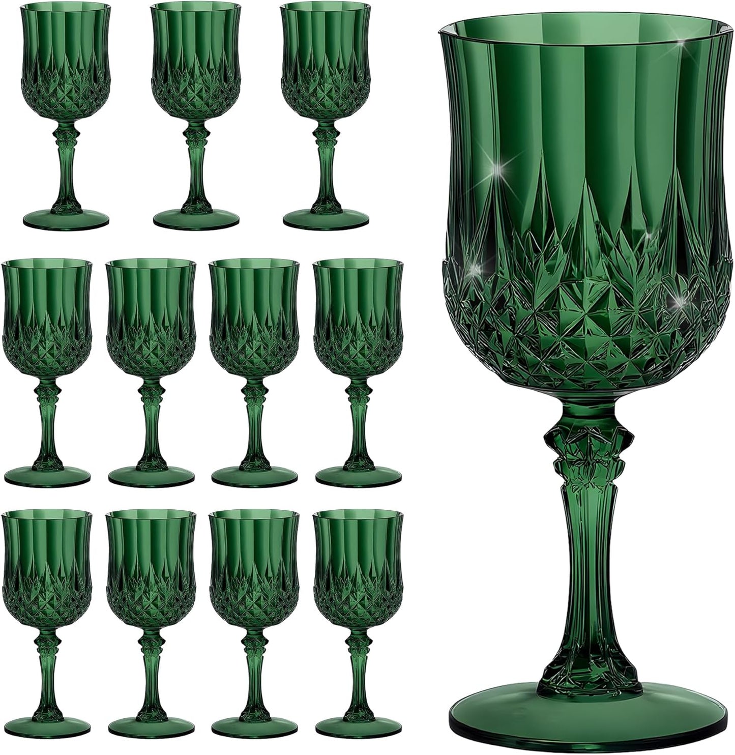 12PCS 7OZ Dark Green Wine Plastic Glasses Drinking Champagne Glasses Flutes Crystal Vintage Water Unbreakable Goblets for Christmas, Wedding, Parties