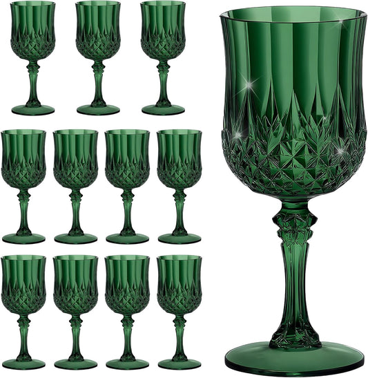 12PCS 7OZ Dark Green Wine Plastic Glasses Drinking Champagne Glasses Flutes Crystal Vintage Water Unbreakable Goblets for Christmas, Wedding, Parties