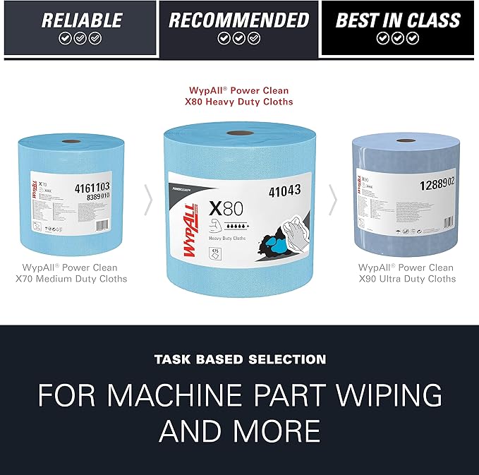 WypAll PowerClean X80 Cloths Heavy Duty Wipes (41043), Jumbo, Extended Use Towels, Blue (1 Roll of 475 Sheets, 475 Sheet Total)