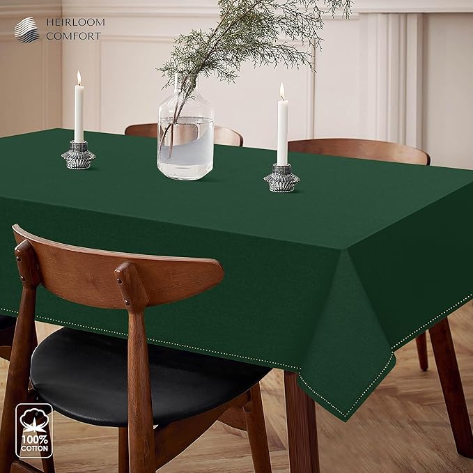 Forest Green Table Cover, 60x84 Inch, 100% Cotton, Fits 6-8 Seats, Soft, Durable, Washable, Wrinkle Resistant, Rectangle Tablecloth for Dining, Holiday Celebrations, Dinner, Events