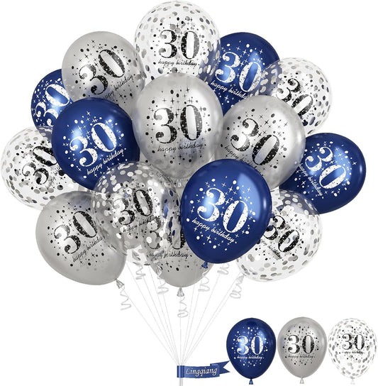 Blue Silver 30th Birthday Latex Balloons, Navy Blue Silver Happy 30th Birthday Party Decorations for Men, 15 Pcs 30th Balloons for Him Age 30 Years Old Birthday Celebration Party Decorations Supplies