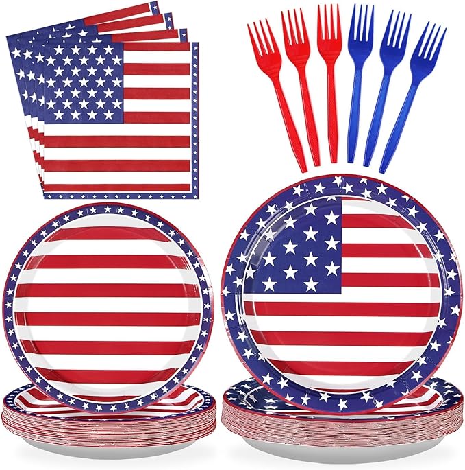 Grencian 96Pcs American Flag Patriotic Party Supplies Veterans Day Patriotic Paper Plates and Napkins US Flag Disposable Tableware for Veterans Day 4th of July Party Decorations Serve 24