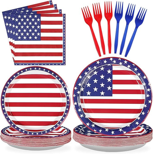 Grencian 96Pcs American Flag Patriotic Party Supplies Veterans Day Patriotic Paper Plates and Napkins US Flag Disposable Tableware for Veterans Day 4th of July Party Decorations Serve 24
