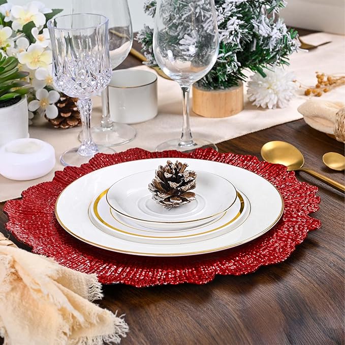 Pesonlook 50Pcs Red Charger Plates Round 13inch, Reef Plate Chargers for Dinner, Bulk Plastic Floral Table Charger Plates for Dinner Wedding Party Event Table Setting Decoration(Red)