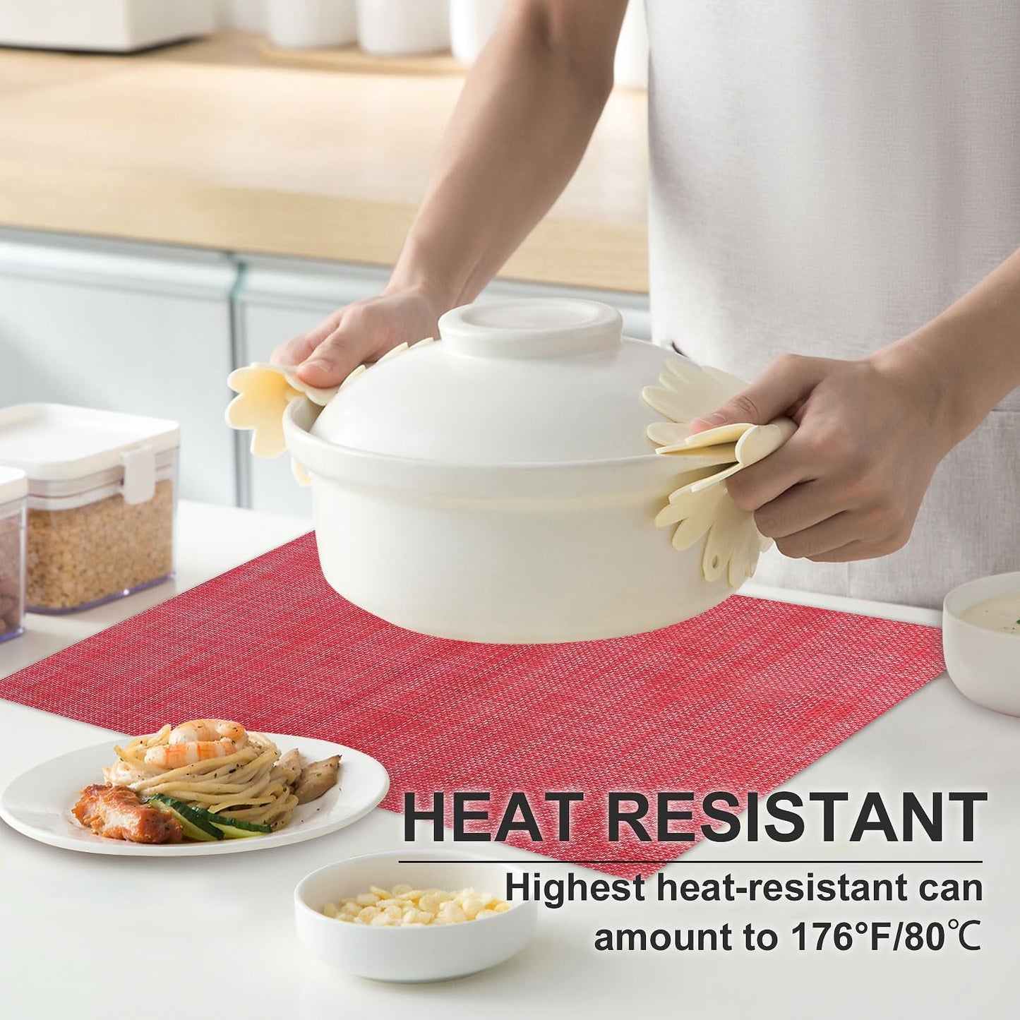 Vinyl Placemats Set of 8, PVC Woven Washable Non-Slip Table Mats, Heat Resistant Wrinkle Free Place Mats for Dining Table, Easy to Clean (8, Red)