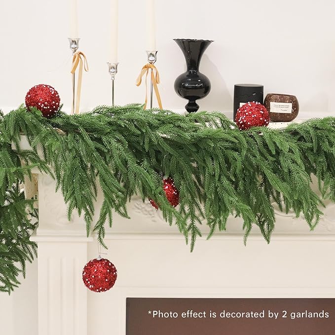 Senjie Christmas Garland Norfolk Pine Garland Real Touch Artificial Greenery Garland for Mantle Fireplace Table Indoor Outdoor Holiday Decortions 5FT 2PCS