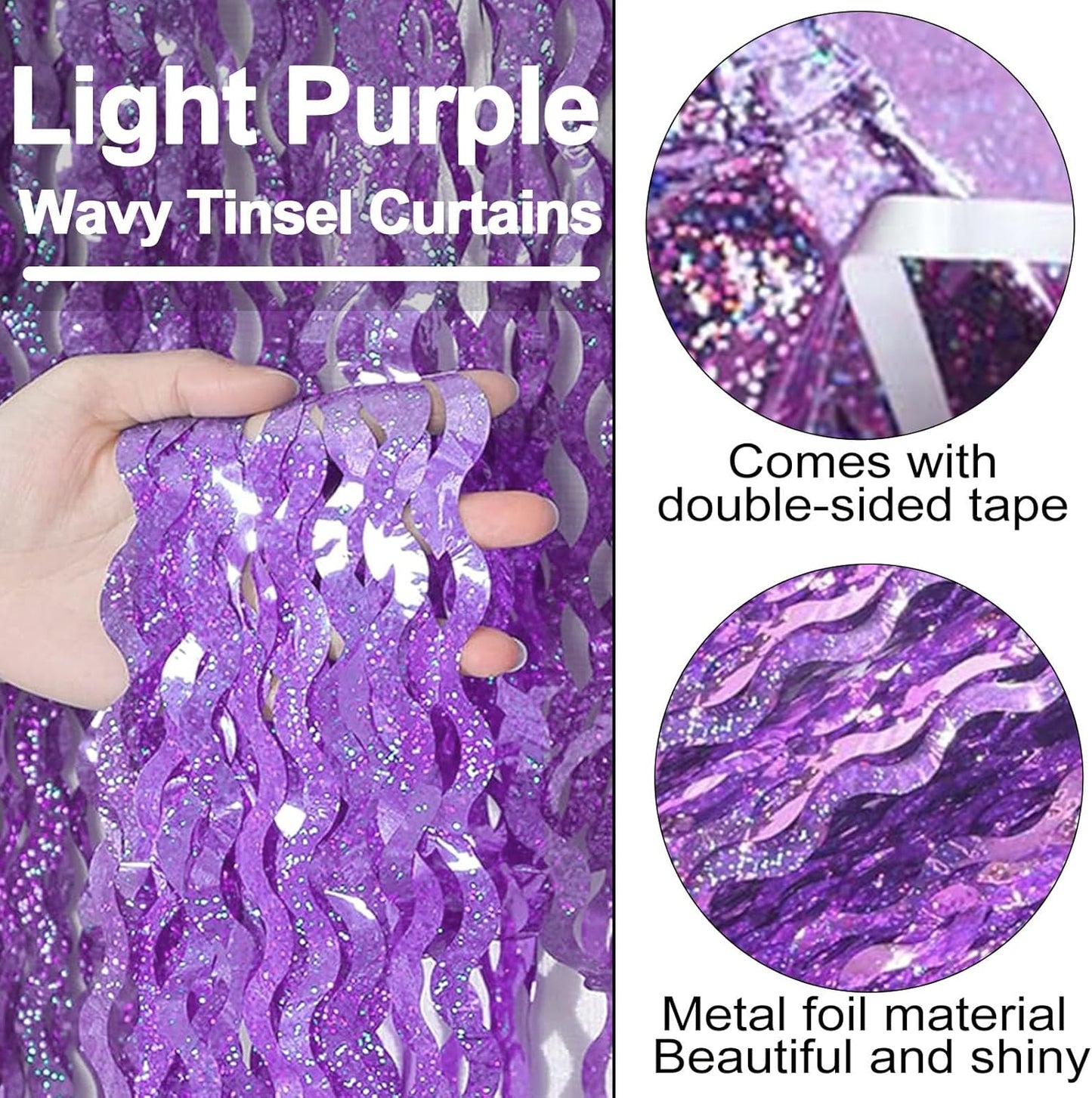 4 Pack Light Purple Fringe Curtain Backdrop 3.2Ft x 8.2Ft Metallic Tinsel Foil Fringe Streamers Background for Photo Booth, Easter, Mother's Day, Bachelorette, Wedding, Birthday Party Decoration