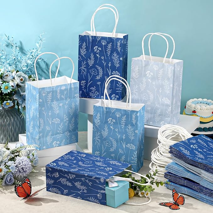 Kolldenn 50 Pcs Blue Wildflower Gift Bags with Handles Paper Floral Goodie Welcome Bag for Wedding Guest Baby Shower Bridal Birthday Party Favor, 5.91 x 3.15 x 8.27 Inches