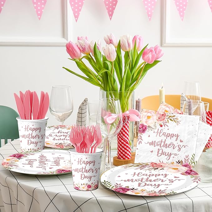 Mothers Day Paper Plates and Napkins Set, 144Pcs Floral Theme Disposable Tableware for 24 Guests, Includes Dinner Plates, Dessert Plates, Luncheon Napkins for Party Decorations