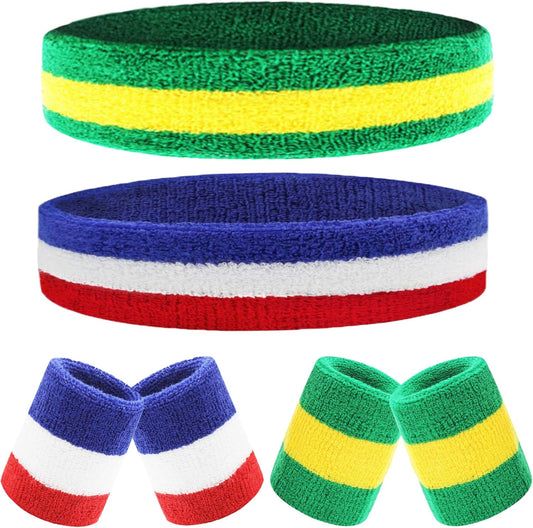 6 Pieces Sweatband Set Sports Headband Wristband Set, Moisture Wicking Athletic Sweatbands 4 Wrist Sweatband and 2 Headbands, Terry Cloth Sweat Absorbing Head Band for Workout