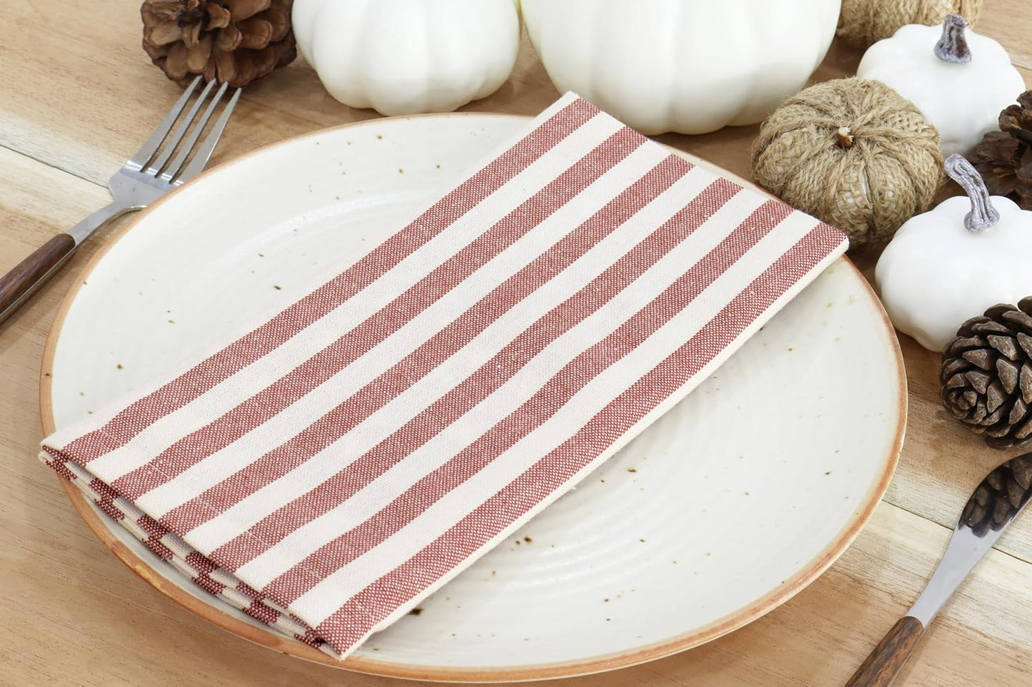 PurpleEssences Plain Striped Cloth Napkins - Set of 12-100% Cotton - 18 x 18 Inch - Fall Thanksgiving - Perfect Everyday Use Dinner Napkin - Royal Rust Ivory