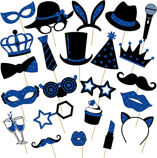 Zonon 24 Pieces Funny Photo Booth Props:Halloween,Christmas,Family Reunion, Class Reunion, Birthday, Weddings, Prom Disco Mardi Gras Party Supplies - Mix of Hats, Lipstick, Tie(Blue and Black)