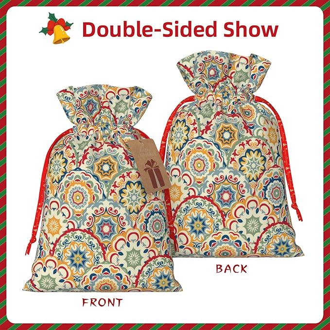 Jhggffd Boho Abstract Floral Christmas Gift Bags Christmas Treat Bags Cloth Christmas Gift Bag Drawstring Christmas Bags for Gifts Favor Bags Reusable Xmas Gift Bags for Holiday Party